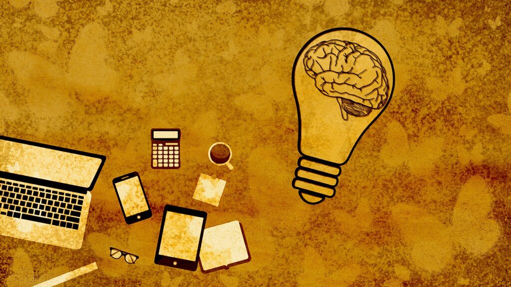brain, light bulb, laptop