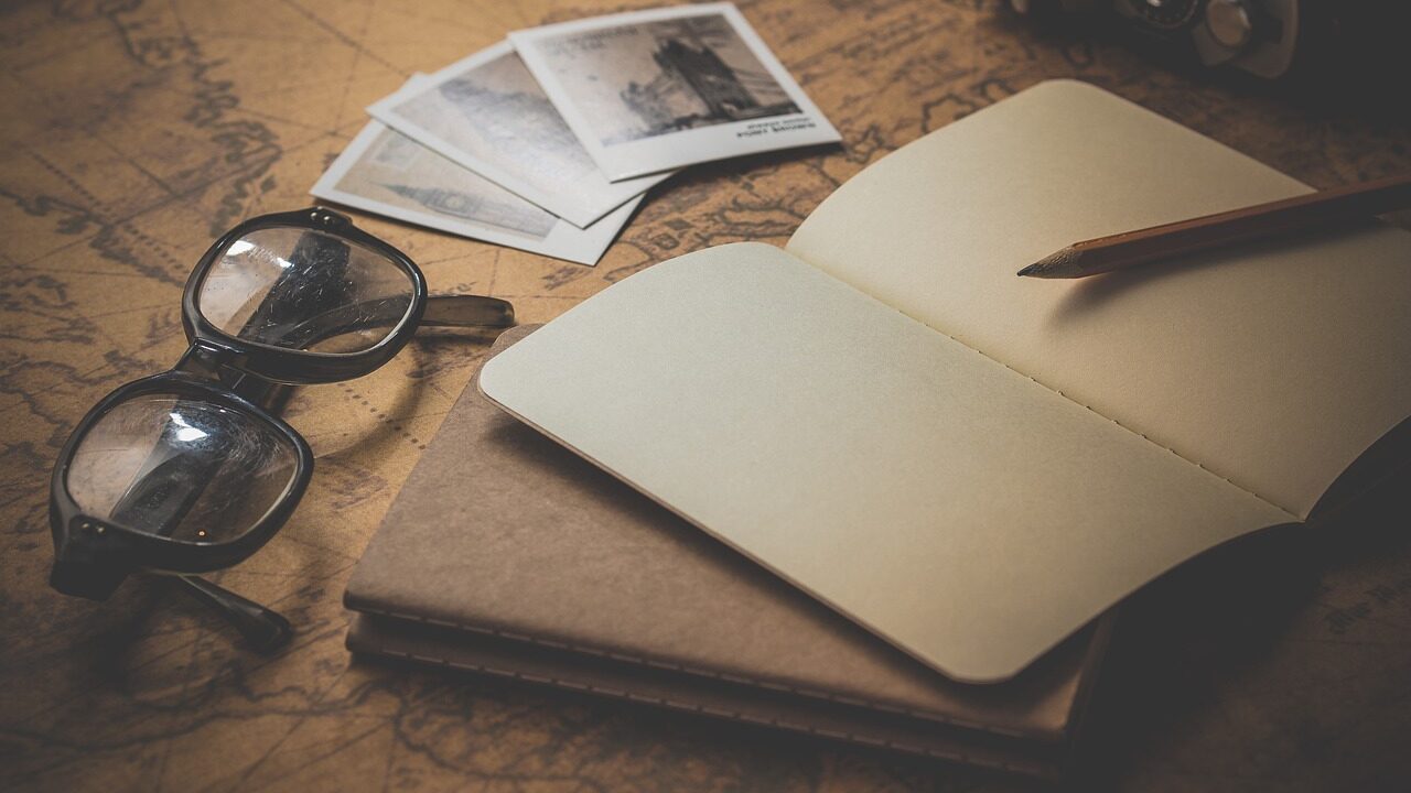 notepad, glasses, travel